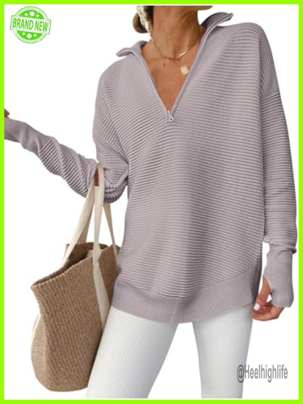 Women Rib Knit Quarter Zip Sweater V Neck Pullover Loose Fit Long Sleeve